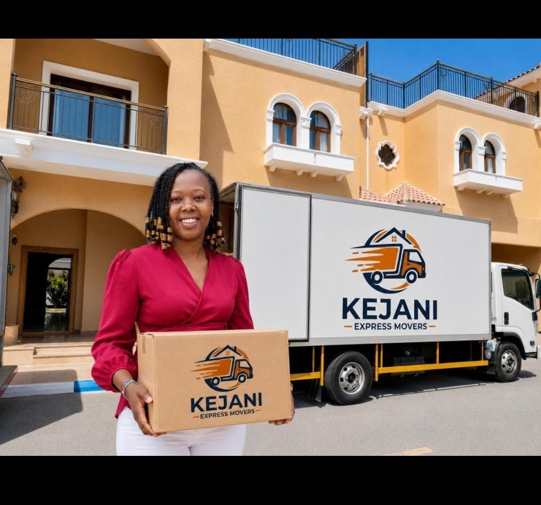 Client holding a Kejani Express Movers box in front of a branded moving truck