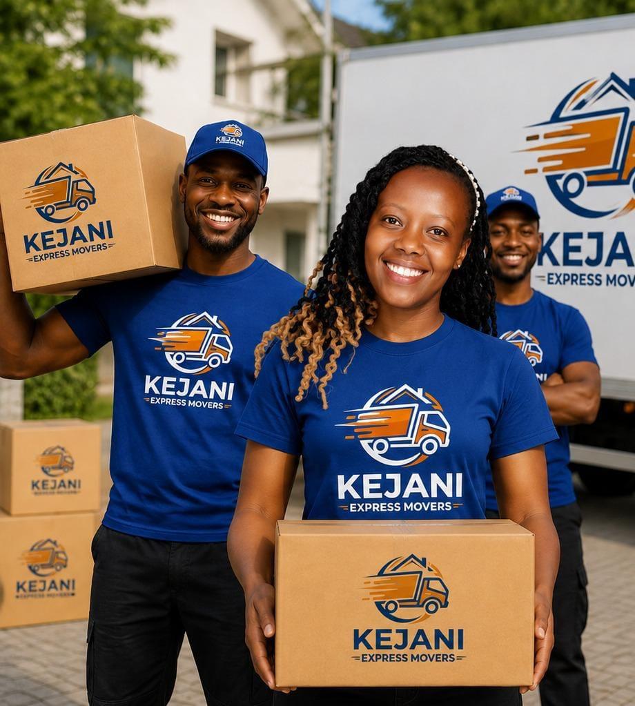 Kejani Express Movers team carrying branded boxes